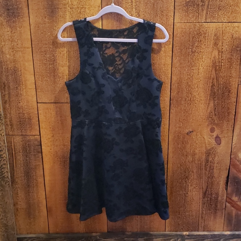 Blue dress with black velvet floral pattern